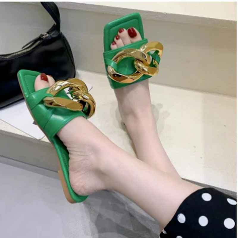 

Women Summer Sandals Slippers Metal Decorative Square Head Flat Heel Female Outdoor Beach Casual Luxury Sexy Plus Size Slides