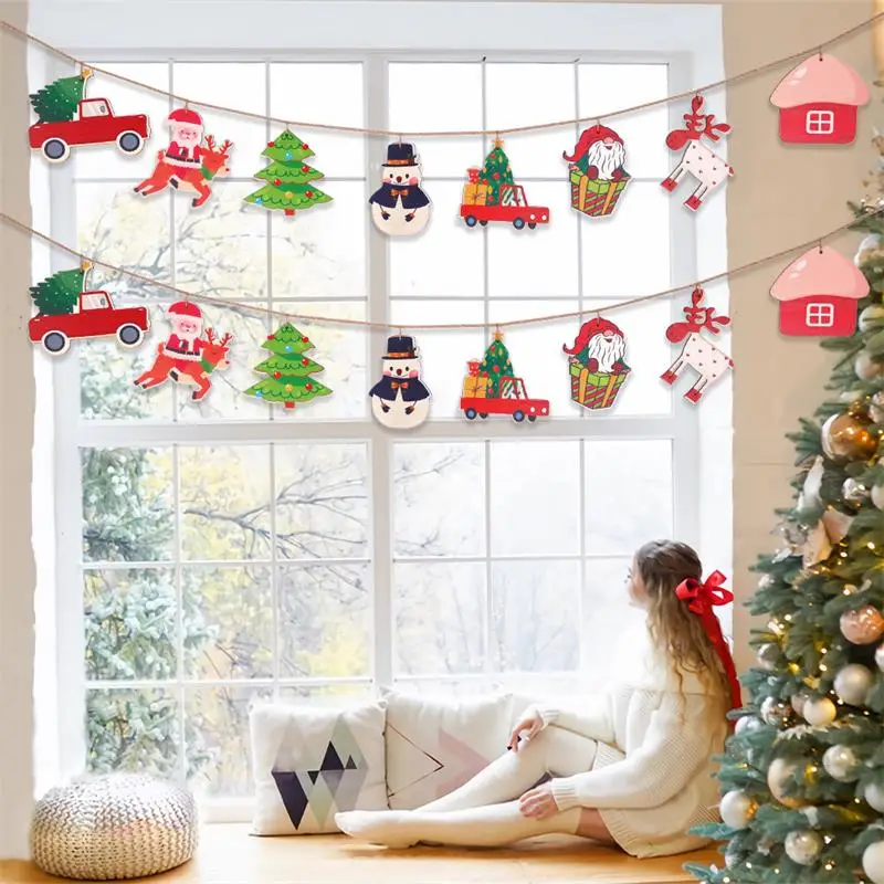 

Christmas Party Christmas Tree Snowman Wooden Pull Flag Banner Kids Christmas Merry Prom Home Party Hanging Bunting Garland Deco