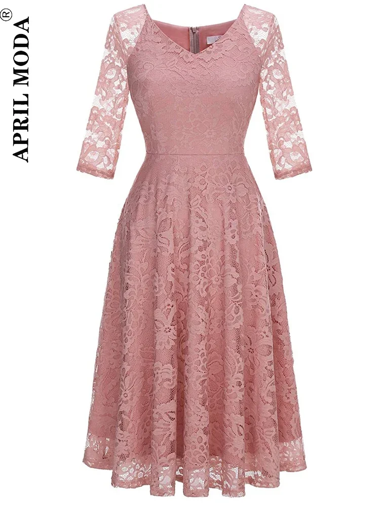 

Elegant 3/4 Long Sleeve Lace Short Prom Dress V Neck Retro High Waist Vestidos Fashion Casual Midi Hollow Out Office Party Dress
