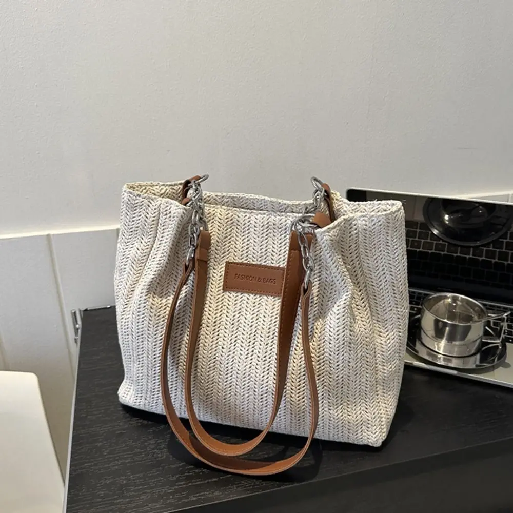 

Pu Leather Straw Woven Shoulder Bag Trendy Large Capacity Handbag Beach Bag Tote Bag Streetwear