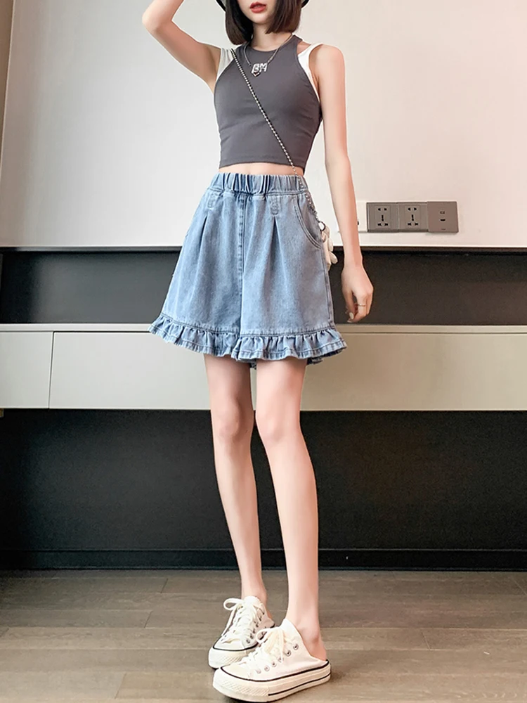 Streetwear Women Loose Ruffles Retro Denim Shorts Spring Summer Female Wide Leg Elastic Waist Jeans Shorts Bottoms