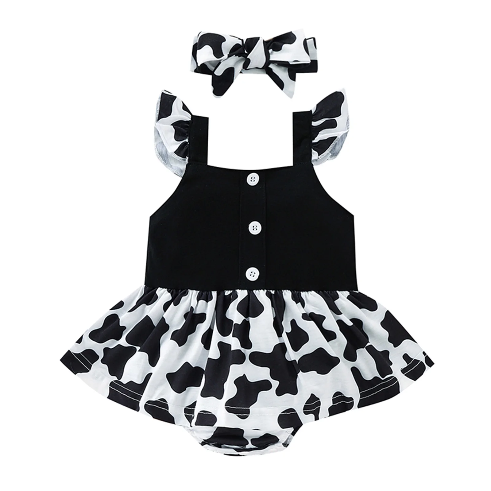 

Комбинезон/платье для маленьких девочек s с рукавом «летучая мышь», юбка с мультяшным рисунком коровы и подолом, Вышитые комбинезоны или платье с повязкой на голову