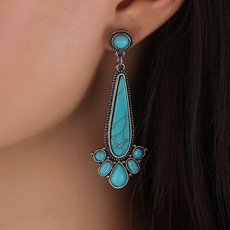Bohemian Large Water Drop Natural Blue Stone Earrings Women Ethnic Accessories Long s Dangle Earring Jewelry |