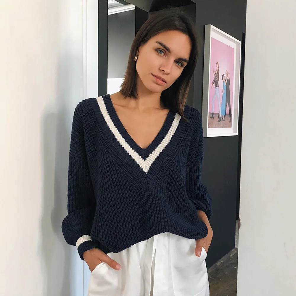 

Women Preppy Style Sweaters Deep V-neck Solid Loose-fitting Pullover Lantern Sleeve 2021 New Fashion Autumn Pullovers Tops Emo