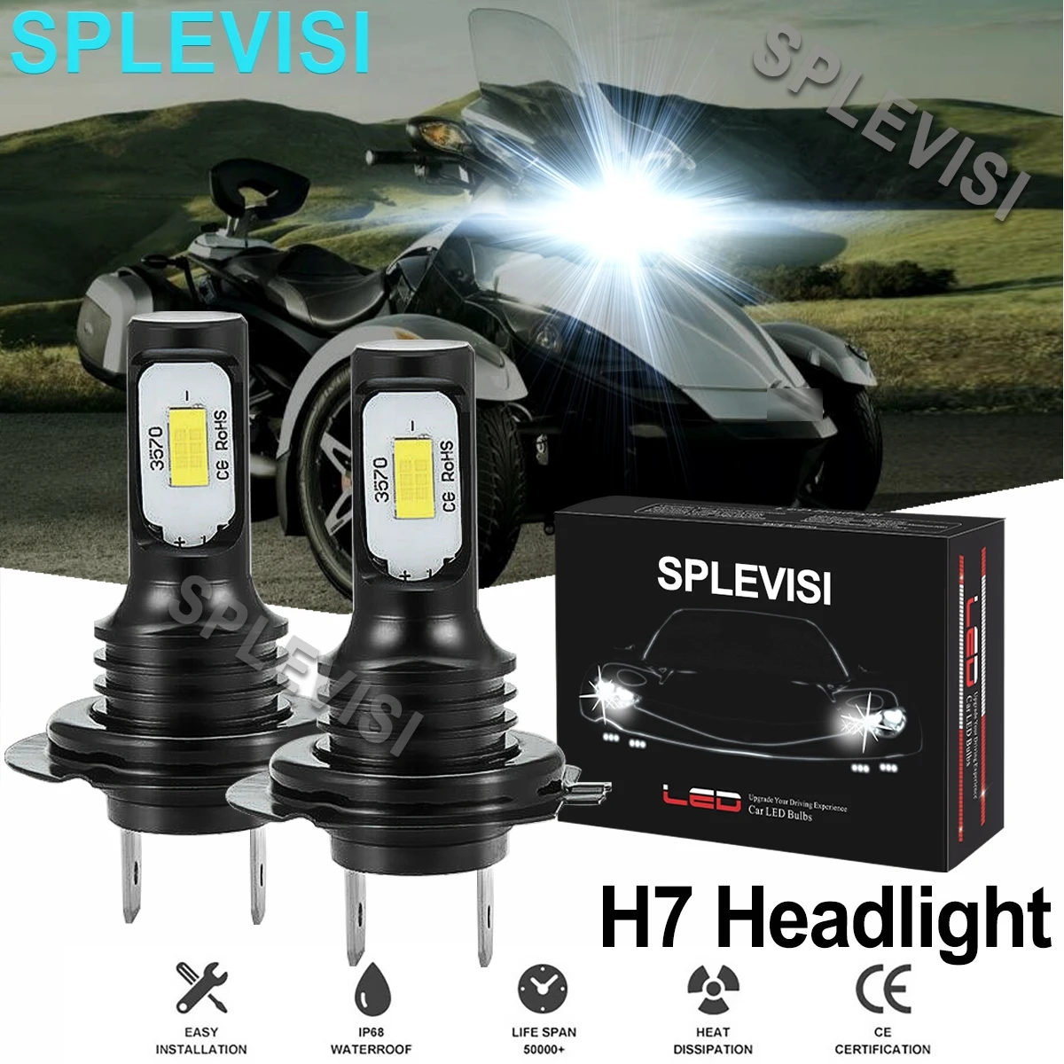 2x70W 6000K pure white Motorcycle LED Headlight Kit  For Can-Am Spyder GS Roadster 990 RS-S Roadster  luz led para moto