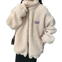 autumn winter warm fashion zipper lamb fleece women hoodie color cloth sticker letters apricot casual loose pullover sweatshirt