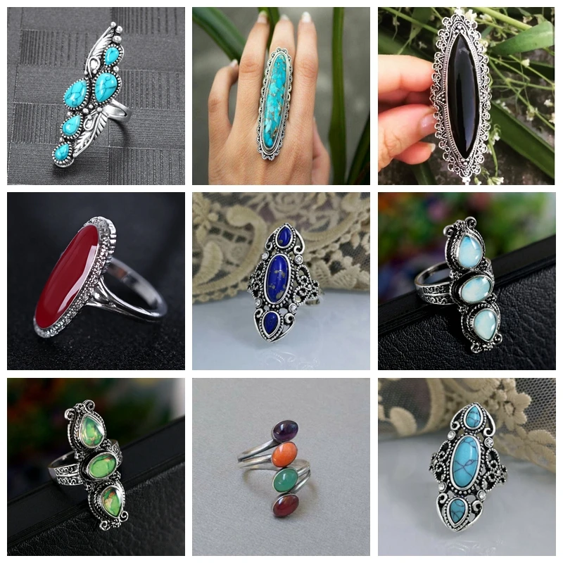 

Vintage Ring for Women Bohemian Exaggerated Ring Inlaid Big Stone Antique Silver Color Engraving Classic Couple Accessories