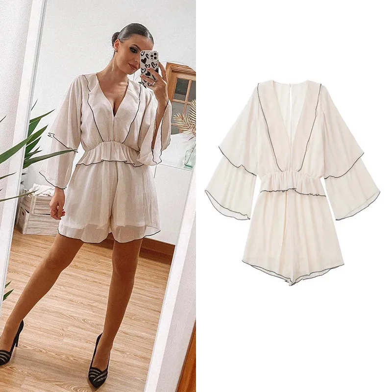 

White Chiffon Women Playsuit V Neck Butterfly Sleeve Ruffles Holiday Ladies Jumpsuit Vintage Vestidos Cortos Sukienka Letnia New