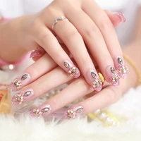 glitter almond ellipse head crystal flower diamond manicure tool false nail tips with glue full cover fake nails