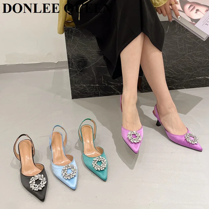 

2023 Брендовые женские сандалии Роскошные туфли на высоком каблуке с ремешком на пятке с кристаллами удобная обувь для невесты с острым носко...