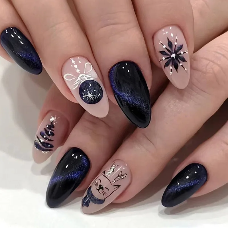 

24pcs Christmas Eve Blue Black Night Sky Gillter Almond Nails Sticker French False Nails Artificial Nails Full Cover Wearable