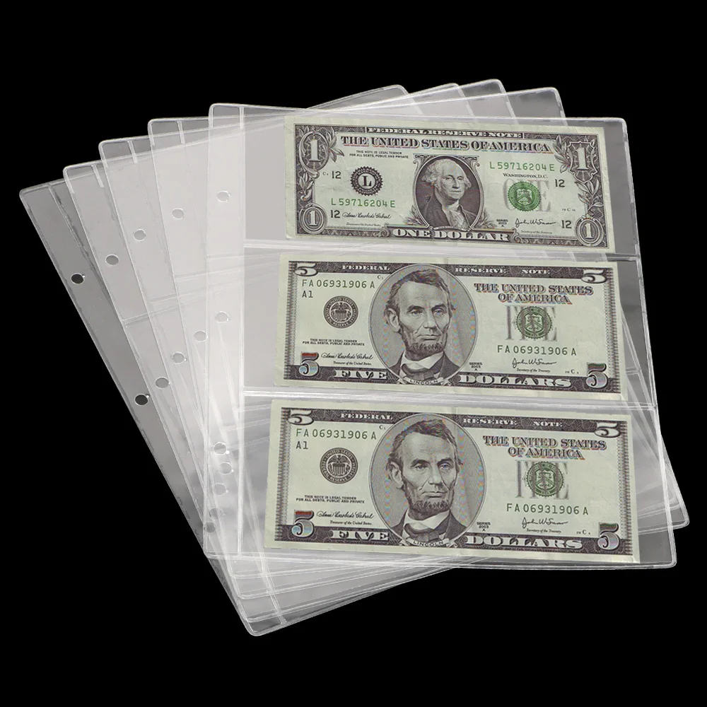 

5pcs Loose Leaf Sheet 3-Slot Transparent Banknotes Holder Portable Paper Money Protective Bag Paper Money Collection Album