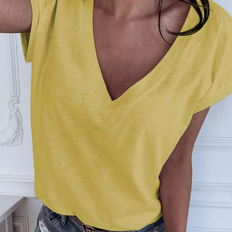

Summer Ladies T Shirt Fashion Solid Color Casual Short Sleeved Wild Deep V Neck Top Harajuku Street Ladies T Shirt