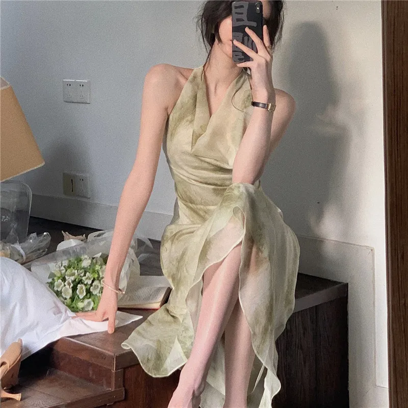 

Vintage Sleeveless Sexy Party Halter Dress for Women Folds Spaghetti Strap Midi Dresses Thin Elegant Summer Vestidos Print I388