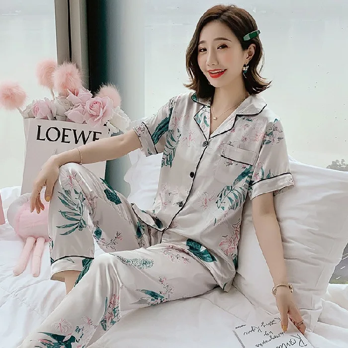 2021 Women Summer 2 Pieces Pajamas Silky Satin Floral Printing Pajamas Lady Pajamas Party Women Sleepwear Pyjamas