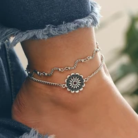 antique silver color double layer chain beach anklet retro geometric sunflower on leg charm ankle anklet for women foot jewelry