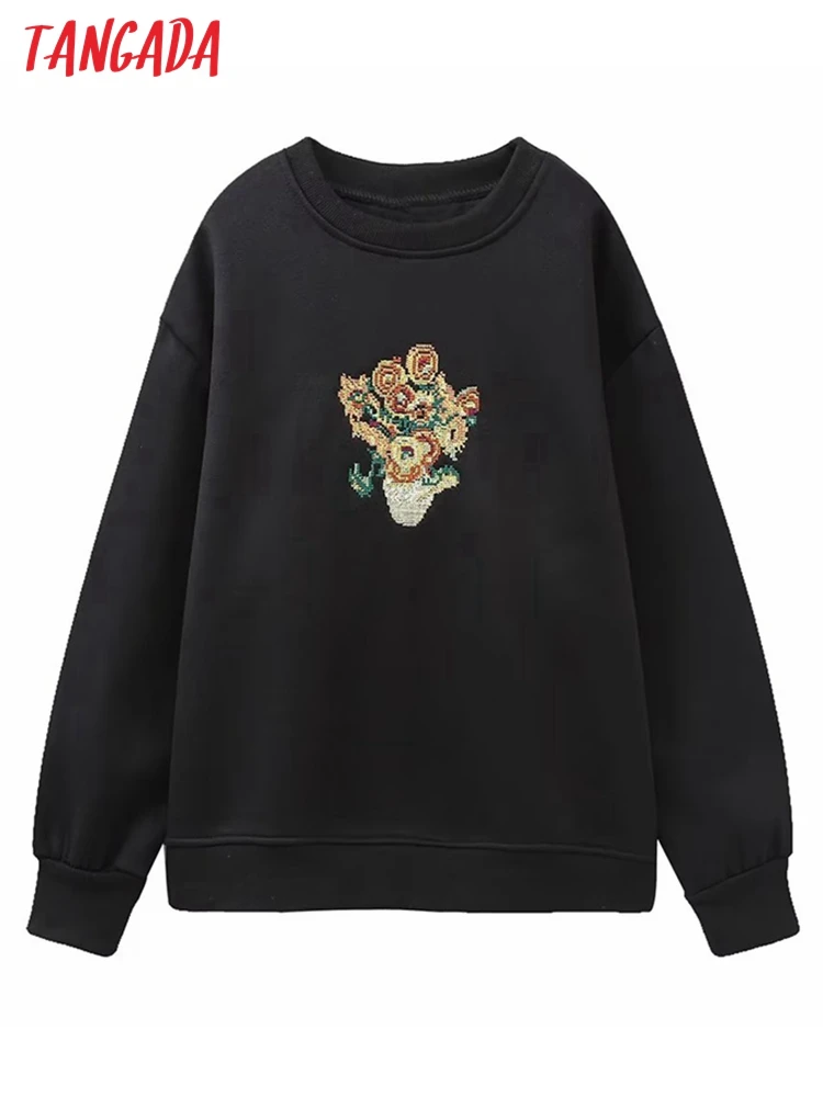 

Tangada Women Fashion Embroidery Fleece Sweatshirts Oversize Long Sleeve Loose Pullovers 6H123