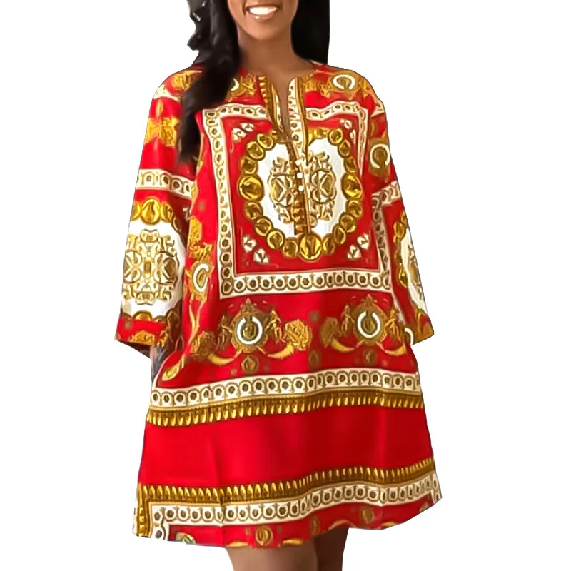 

Свободное Повседневное платье для женщин, длинный рукав, круглый вырез, выше колена, наряды 2022, новая мода, принт, Инди, народное прямое корот...