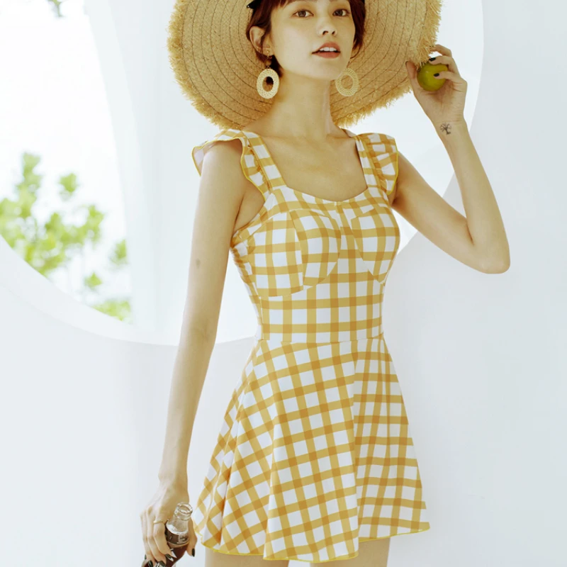 

2022 One-piece Swimsuit Retro Plaid Swimsuit Women Small Chest Gathered To Cover The Belly Show Thin Skirt Swimsuit Women