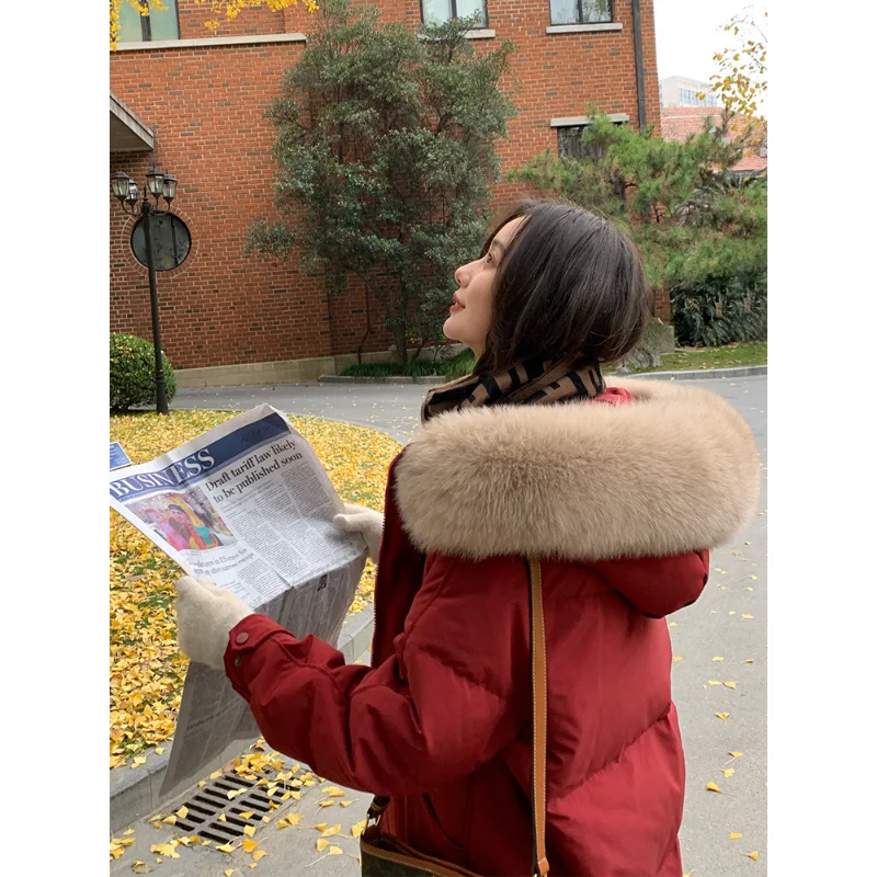 

Women Down Jacket Long Hooded Fur Collar Windproof Warm Coat Winter Jacket Fashion Zipper Puffer Padded Duck Down Outwear Tops H