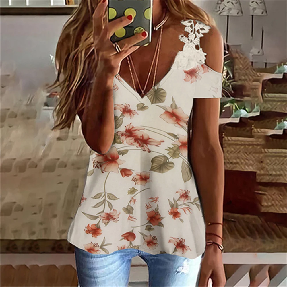 

Summer Women Lace Strap Tank Tops Short Sleeve T-shirt Petal Print Women V-Neck Hollow Retro Slim Fit Casual Loose Plus Size Tee