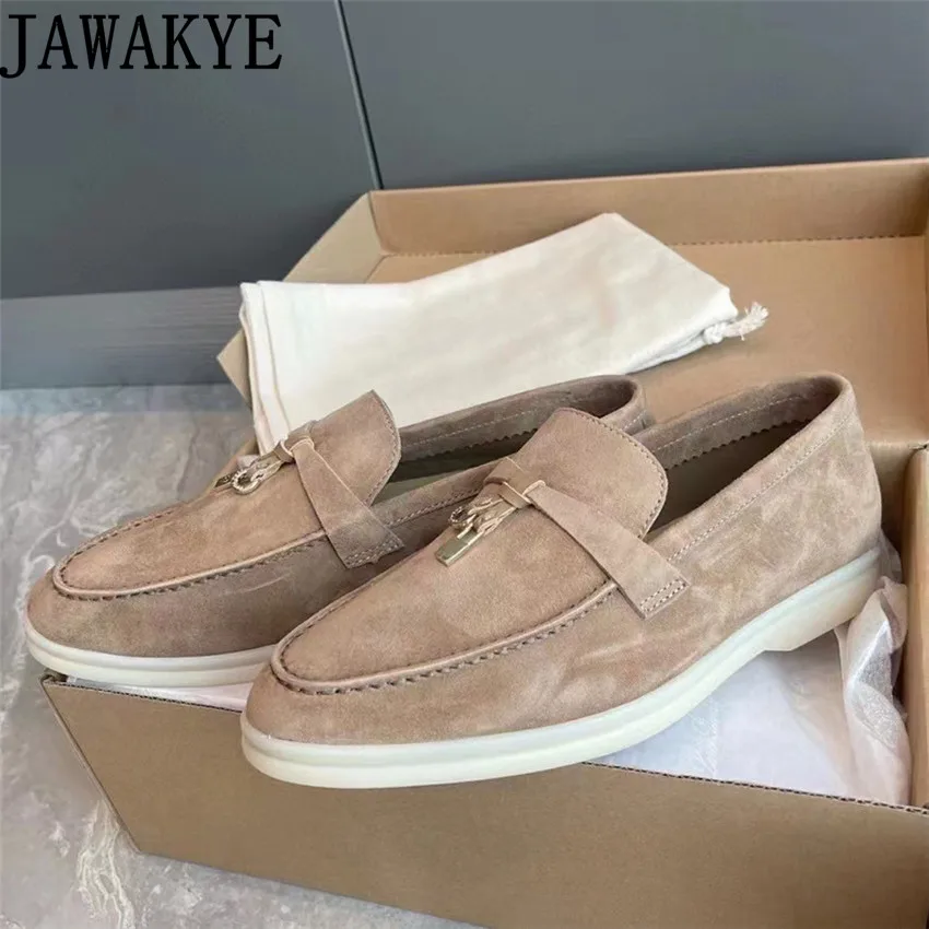 

JAWAKYE натуральные Детские замшевые лоферы с замком декор женские слипоны мюли унисекс Повседневная обувь для вождения мягкая кожаная повседневная обувь для женщин