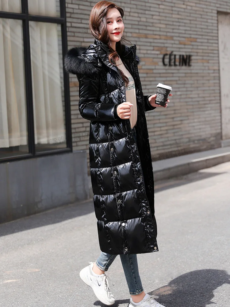 New Women Wash Free Glossy Surface Down Coat Fashion Hooded Real Fox Fur Collar Thicken Warm Down Jacket Loose Long Outerwear