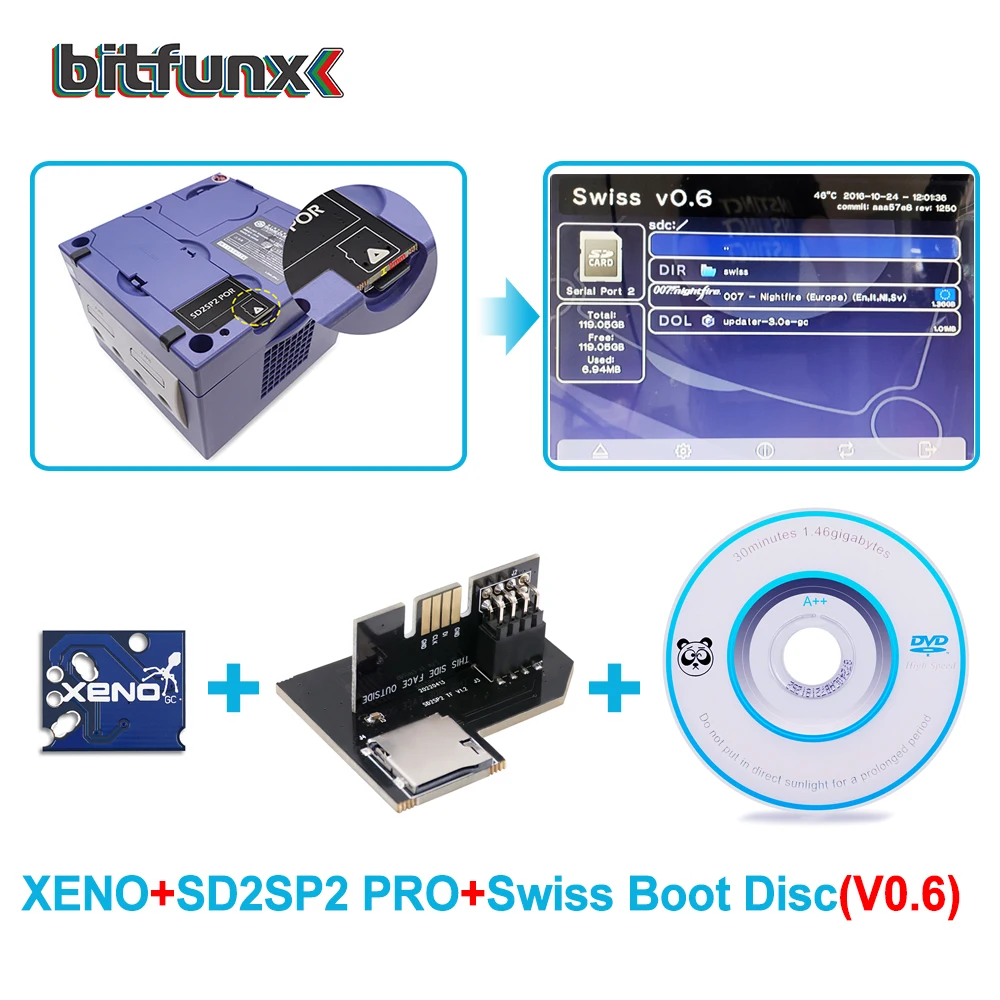 SD Card Adapter SD2SP2 Pro for Gamecube NGC + Swiss Boot Disc v0.6 + XENO Modchip for Gamecube NTSC-U/NTSC-J/PAL