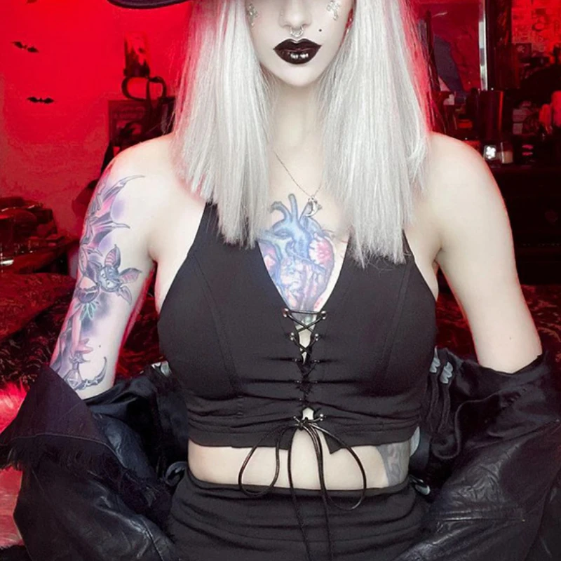 

Gothic Punk Black Sexy Lace Up Tank Tops y2k Streetwear Gothic Backless Hollow Out Cropped Tops Harajuku E Girl Summer Vests