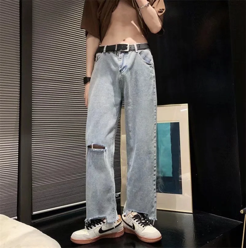 Summer Blue Ripped Jeans Men Fashion Casual Wide Leg Jeans Men Streetwear Loose Hip Hop Hole Denim Pants Mens Trousers S-5XL