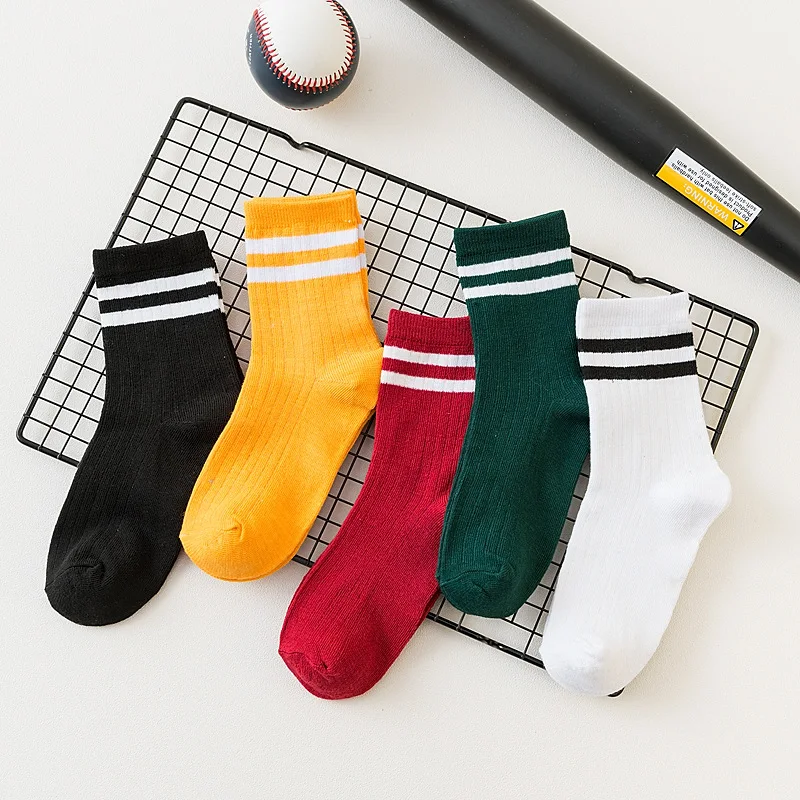 

5 pairs Middle tube socks female ins tide Korean version two bars solid color stockings college style cartoon female socks