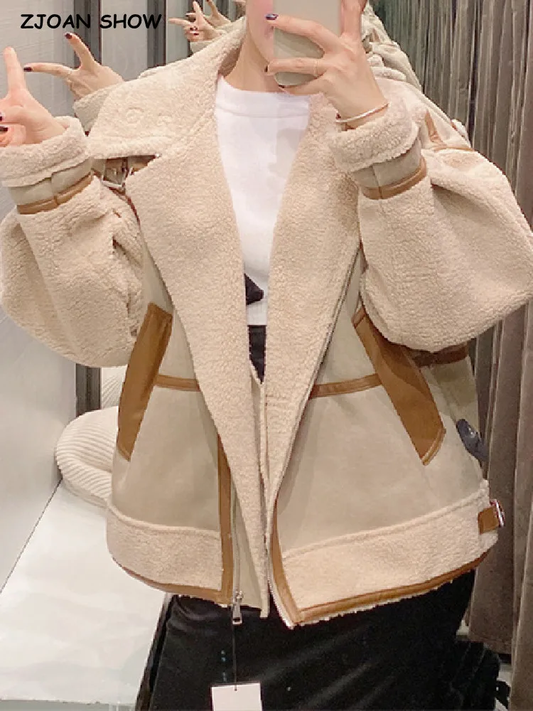 

2022 Winter Vintage Spliced Double-face Fur Fleece Coat Women Belt Lapel Full Sleeve Furry Warm Jacket Loose Oversized Outerwear