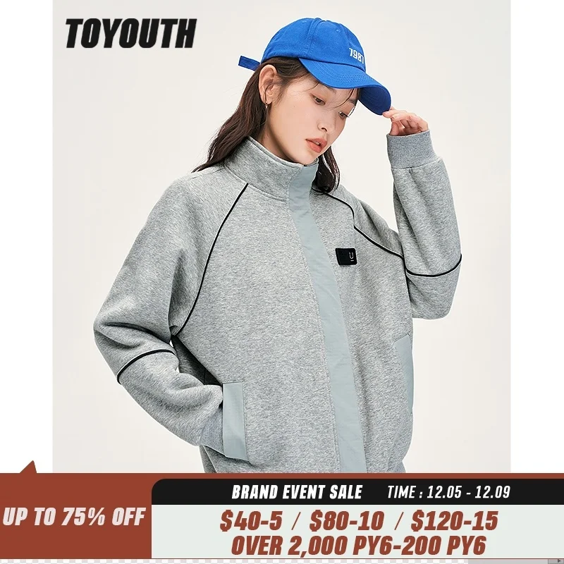 Toyouth Women Fleece Thick Coat 2022 Winter Long Sleeve Stand Collar Loose Jacket Windproof Gray Warm Casual Sweatshirt Outwear