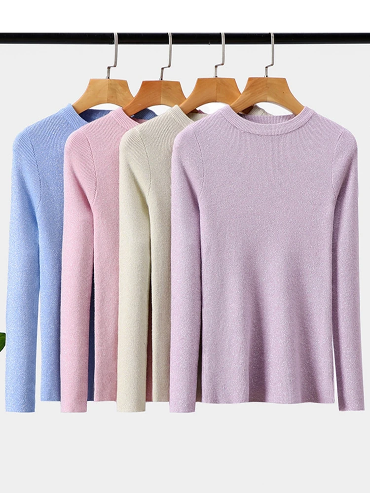 

gkfnmt Shiny Lurex Autumn Winter Sweater Women Long Sleeve Pullover Women Basic Sweaters Women 2020 Korean Style Knit Tops Femme