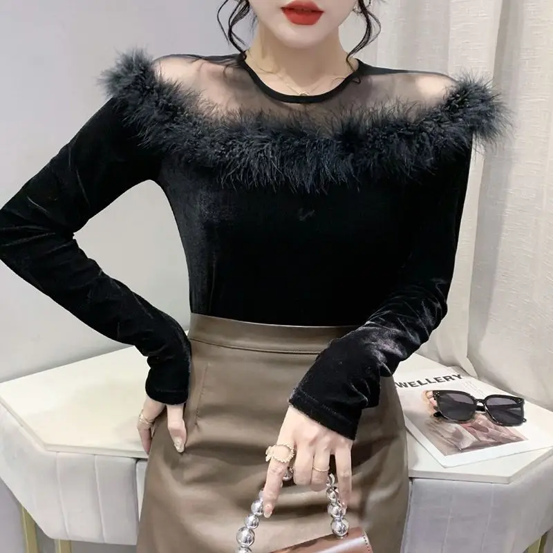 

Black Blouse Women Clothes Lace Velvet Tops Fashion Korean Vintage Shirt Blusas Mujer De Moda Elegant O Neck Blouses E987