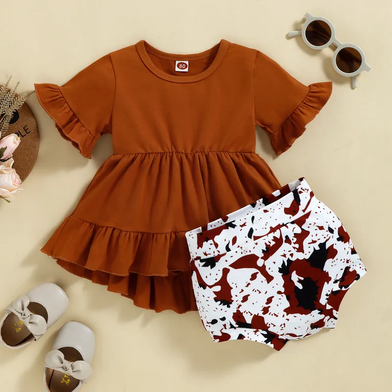 

Комплект из 2 предметов для маленьких девочек, топы с коротким рукавом и круглым вырезом с оборками + штаны с принтом для малышей от 6 месяцев до 3 лет