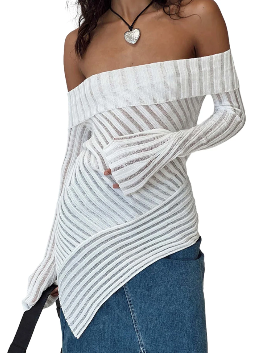 

Women s Off-Shoulder Ribbed Knit Crop Top with Cutout Detail and Long Sleeves - Trendy Sheer Y2K T-Shirt for Stylish Fall and