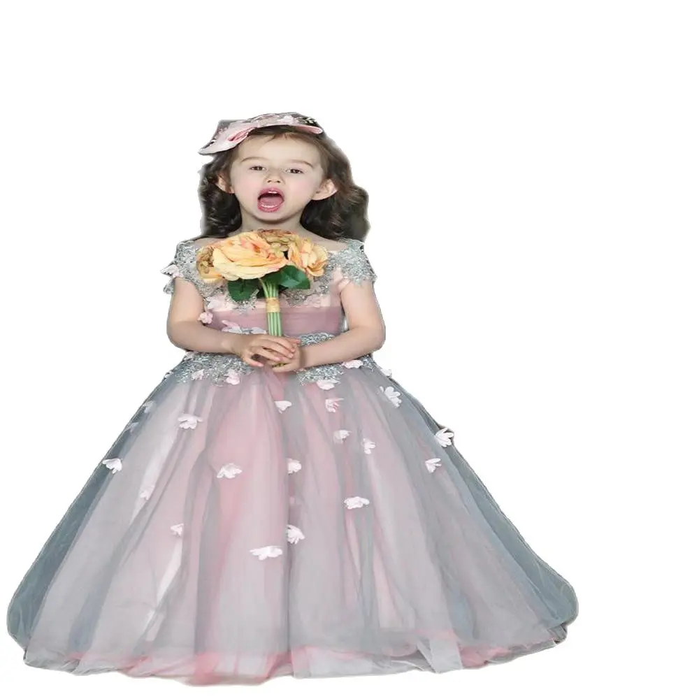 

Розовые и Серебристые платья для девочек 2021 платья для девочек с цветочной аппликацией и рукавами-крылышками на молнии сзади для свадьбы де...