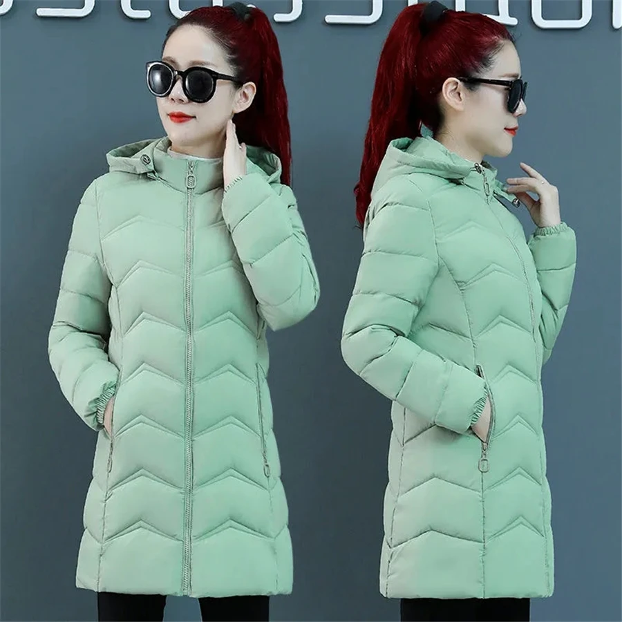 Mid-length Winter Hooded Cotton Padded Solid Coat Women Warm Thick Overcoat Oversized 6XL Slim Outwear Snow Wear Parkas Jackets