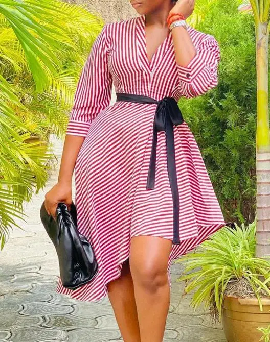 

Dresses for Women 2023 Summer New Fashion Commuter Stripe V-Neck Long Sleeve Irregular Strap Shirt Dress Casual Daily