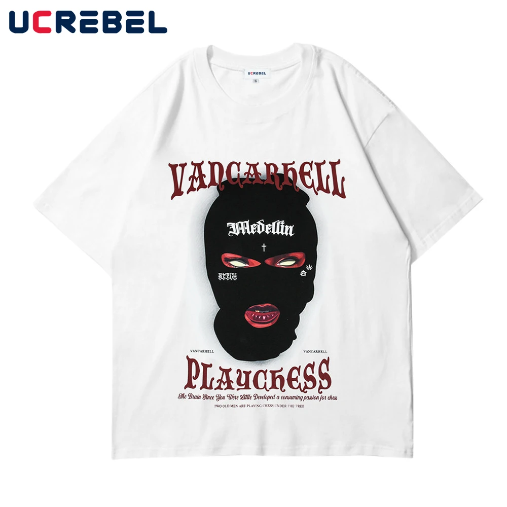 

Gangster Print Short Sleeve T-shirt Mens Streetwear Crew Neck Half-Sleeve Summer High Street Punk Style Casual Loose Cotton Tee