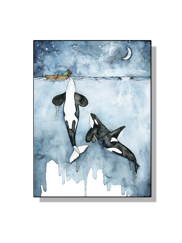 

Абстрактный плакат с китом, оркой и девушкой на холсте