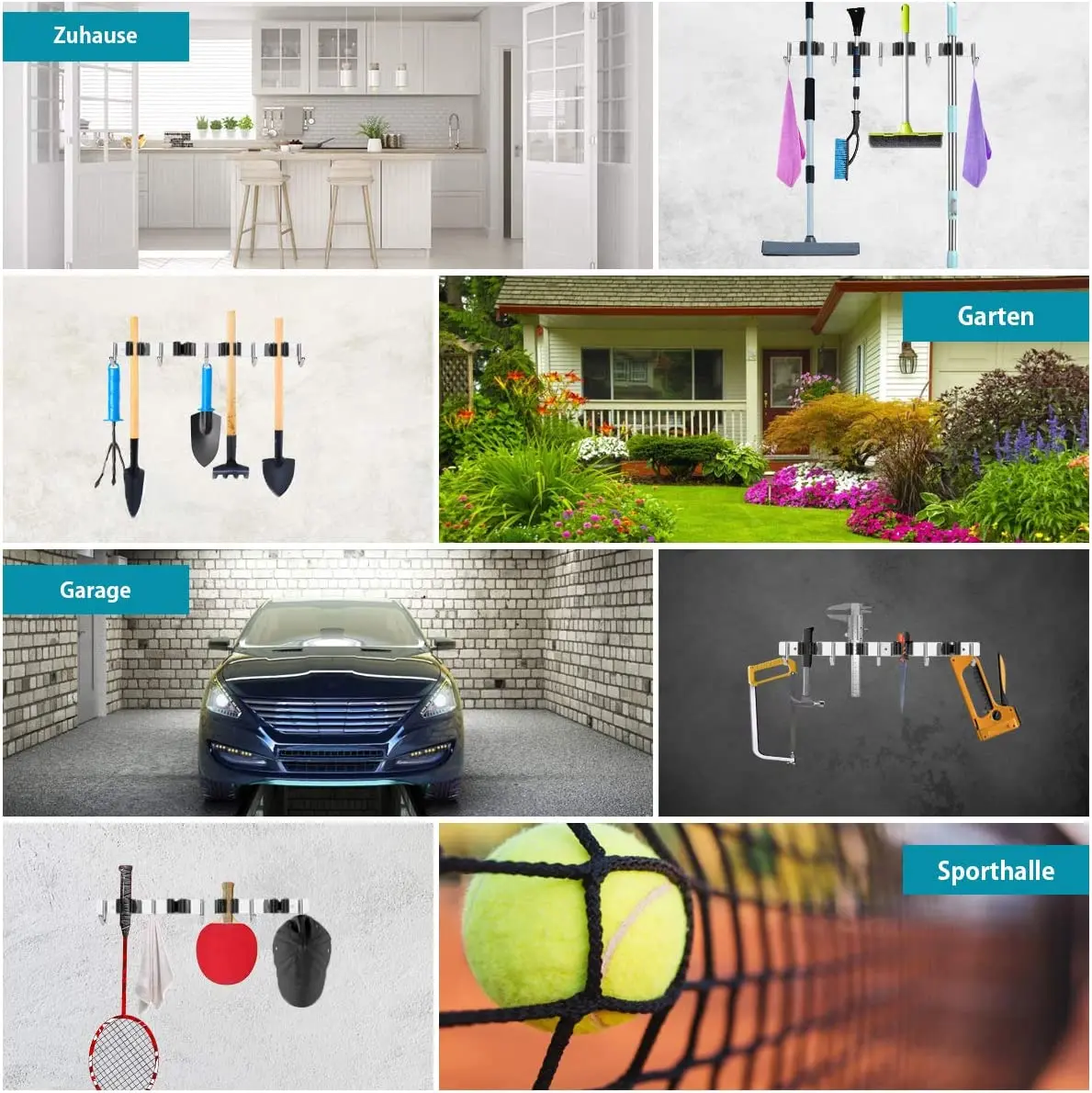 

Mop Broom Holder Wall Mount with 4 Racks 5 Hooks, 304 Stainless Steel Broom Organizer for Garden Garage Black Blue 50cm