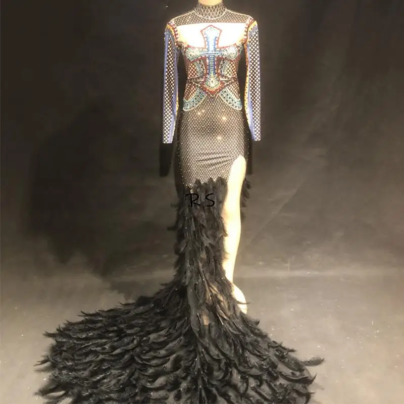 

Women Sexy Long Sleeve Feather Rhinestone Dress Tail Big Colorful Sprakling Crystals Stage Wear