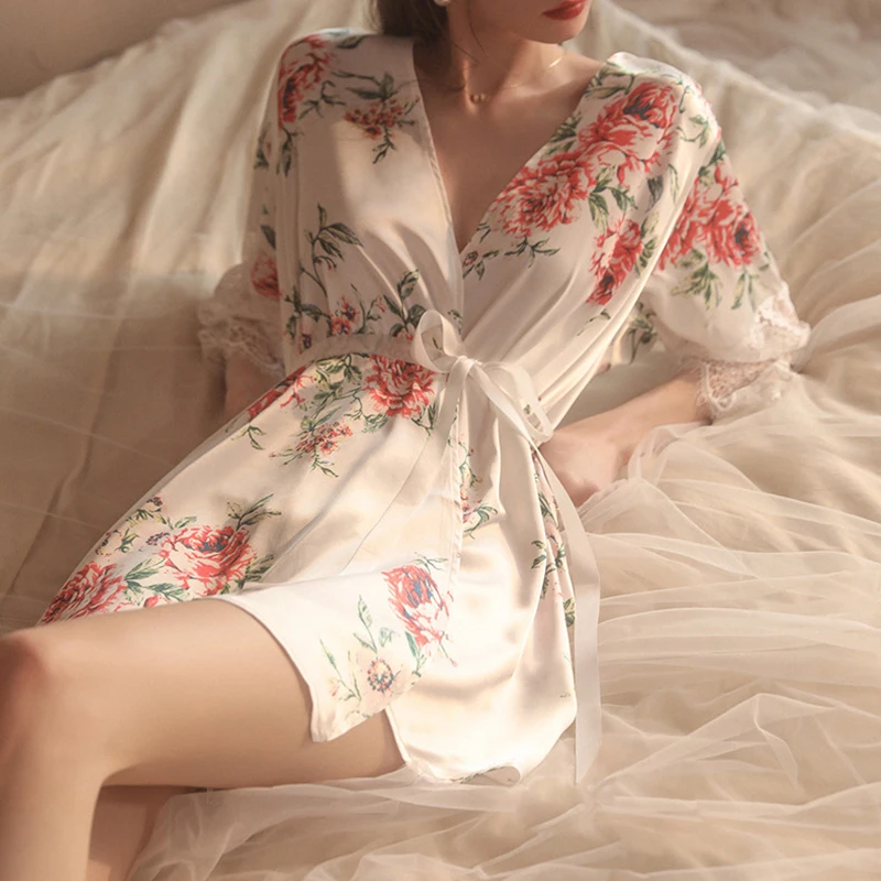 Sexy Women's Night-robe Printed Lace Up Robe Loose Cardigan Nightdress Women's Home Wear Set Transparent Lace Sleeves Pajamas