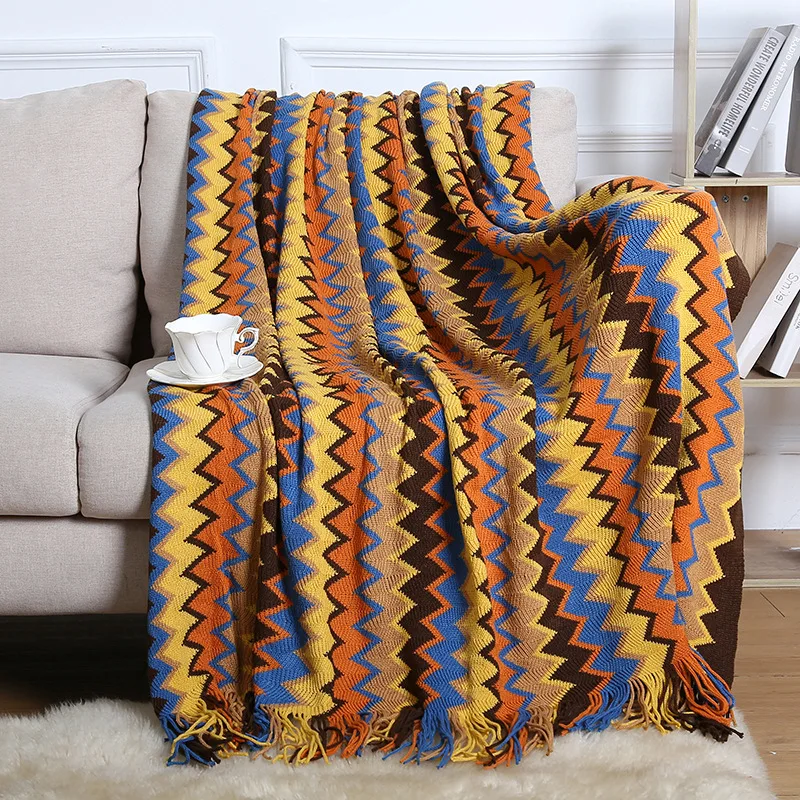 

Summer Air Conditioner Blanket Houndstooth Tassel Sofa Blanket Living Room Knitted Nap Blanket Bed End American Wool Sofa Towel