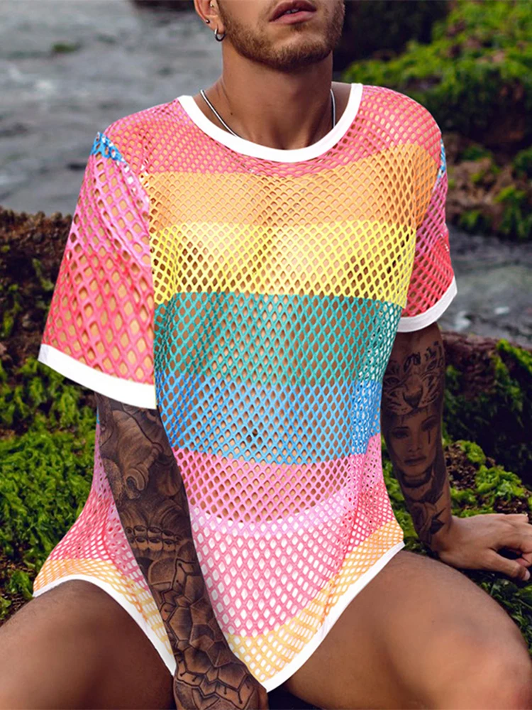 

Футболка мужская с коротким рукавом и круглым вырезом, пикантная облегающая Повседневная полосатая рубашка, уличный модный тканый ажурный ...