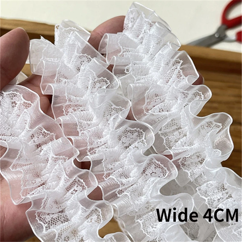 

4CM Wide White Tulle Yarn Stretch Lace Fabric Embroidery Fringe Ribbon Dress Collar Cuffs Elastic Ruffle Trim DIY Sewing Decor