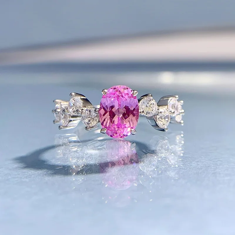 

SpringLady New 925 Silver 1 Carat Egg-shaped 6*8 Pink Diamond Ring Female Ins Style Fashion All-match Wedding Rings for Women