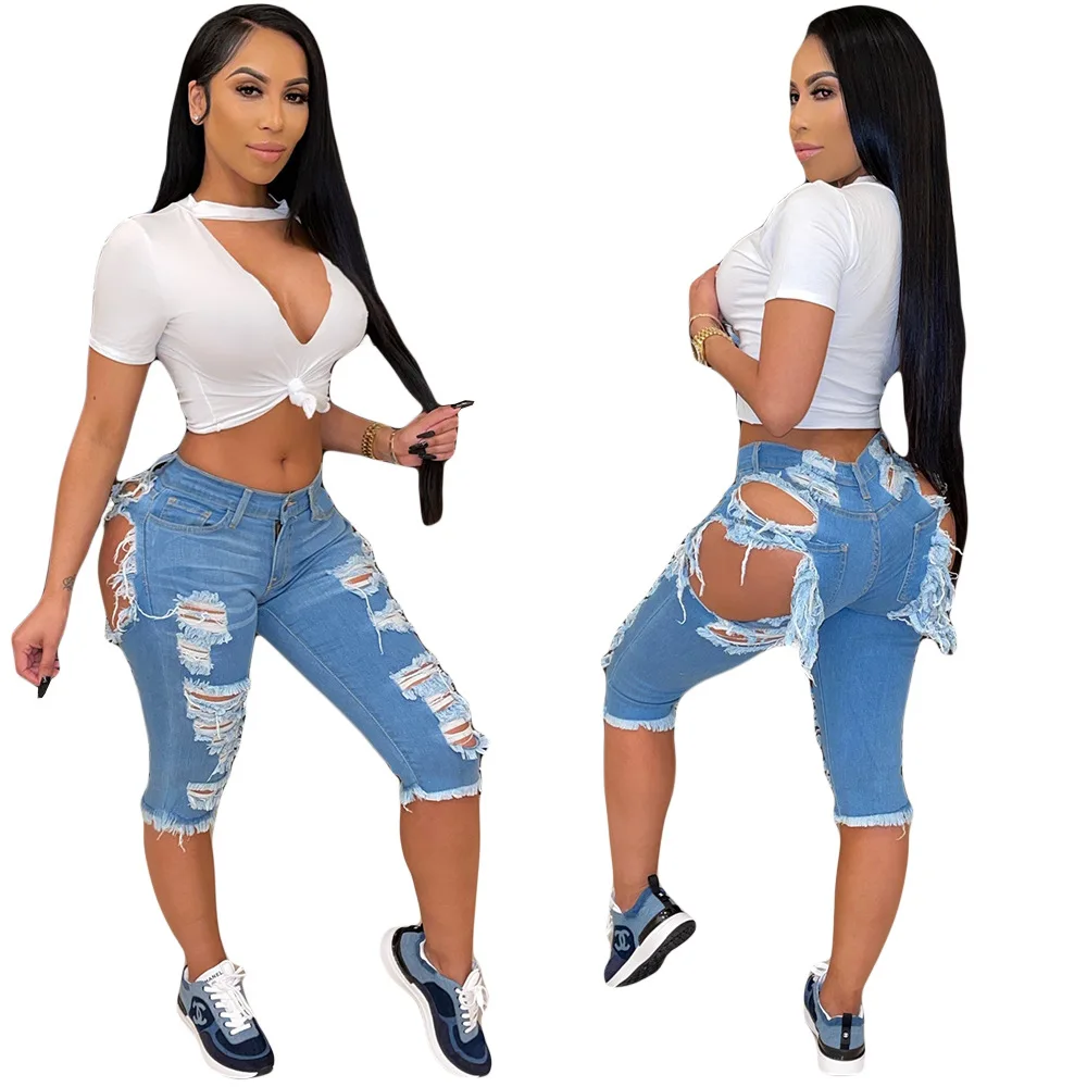 

LEOSD 2023 Summer Broken Hole High Waist Jeans Women Ladies Short Jeans Pants Skinny Jeans Women
